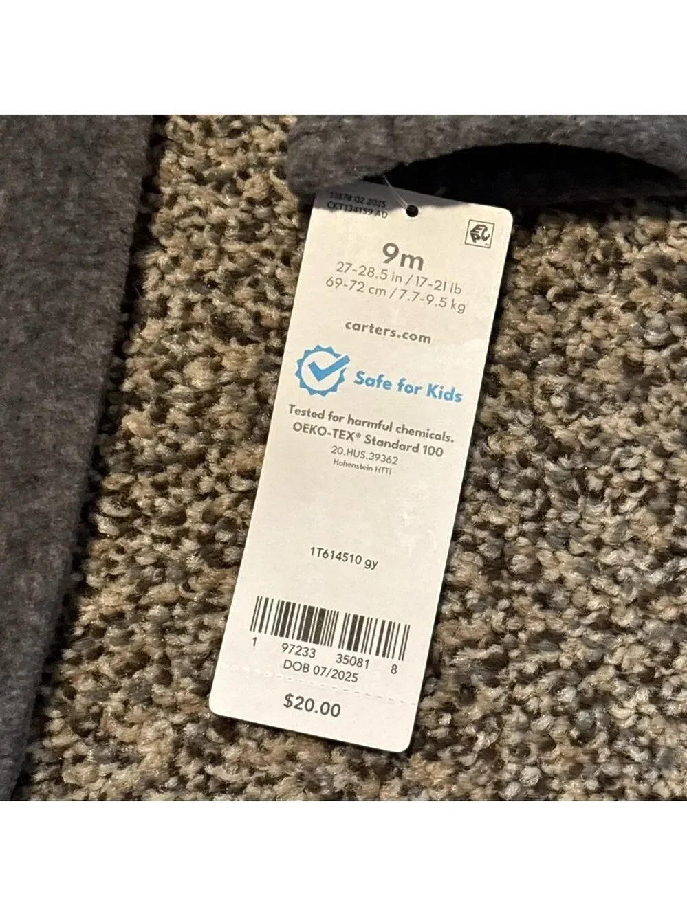 Brand NEW! Carter’s Gray Baby Fleece One Piece Footie 9 months NWT